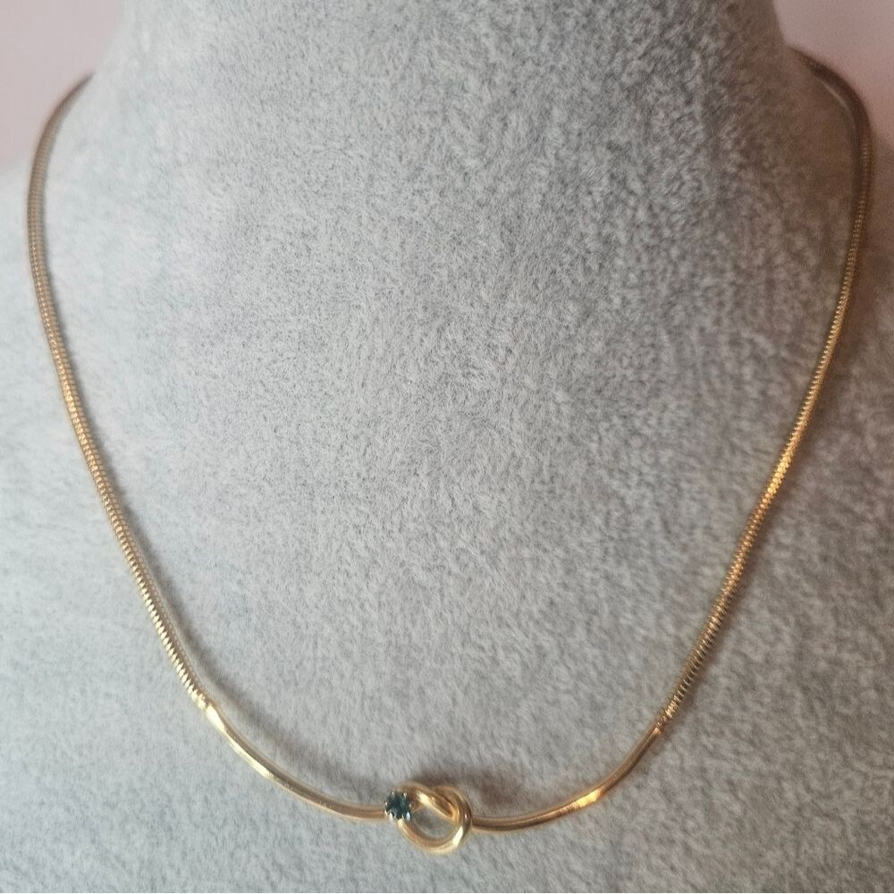 VTG Biagi Gold Love Knot Snake Chain Choker Necklace Rich Green Rhinestone
